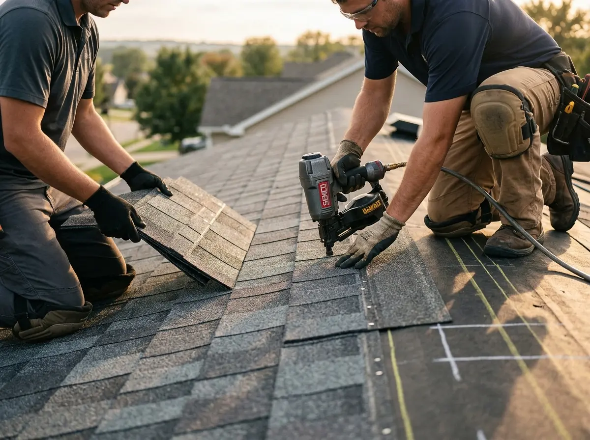 Professional roofer working on a residential roof in River Road